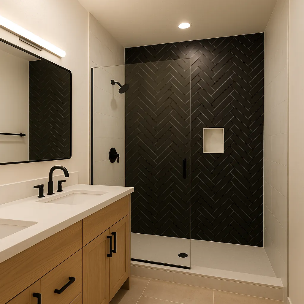 Bathroom with black herringbone shower tile — bathroom layout planning