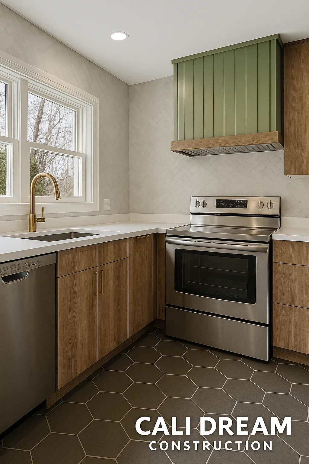 Modern kitchen with green hood and wood cabinetry — kitchen remodel timeline