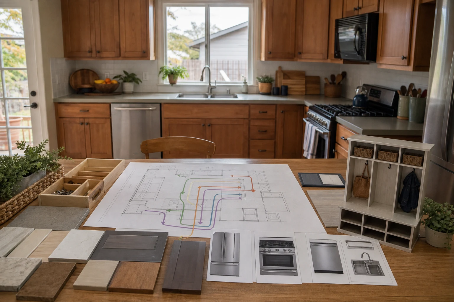 Encinitas family kitchen plan coordinating storage, traffic, cooking and cleanup routes