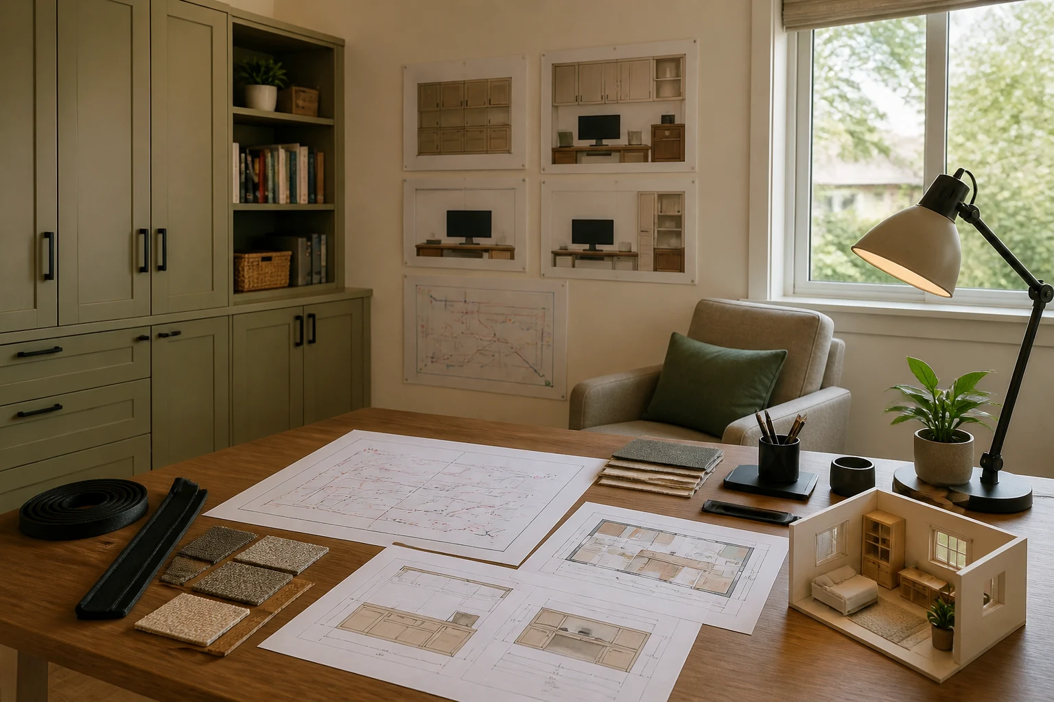 Poway home office plan coordinating storage, lighting, acoustics and flexible use