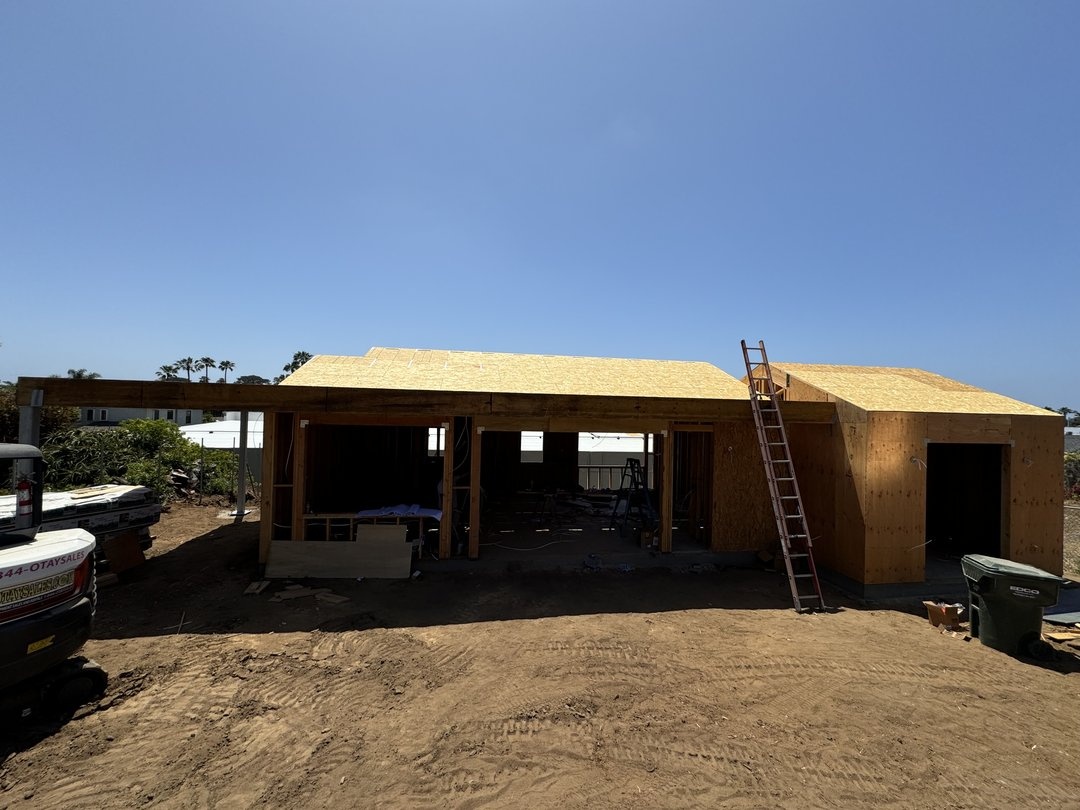 Wood framing and sheathing going up on the detached ADU structure in Solana Beach