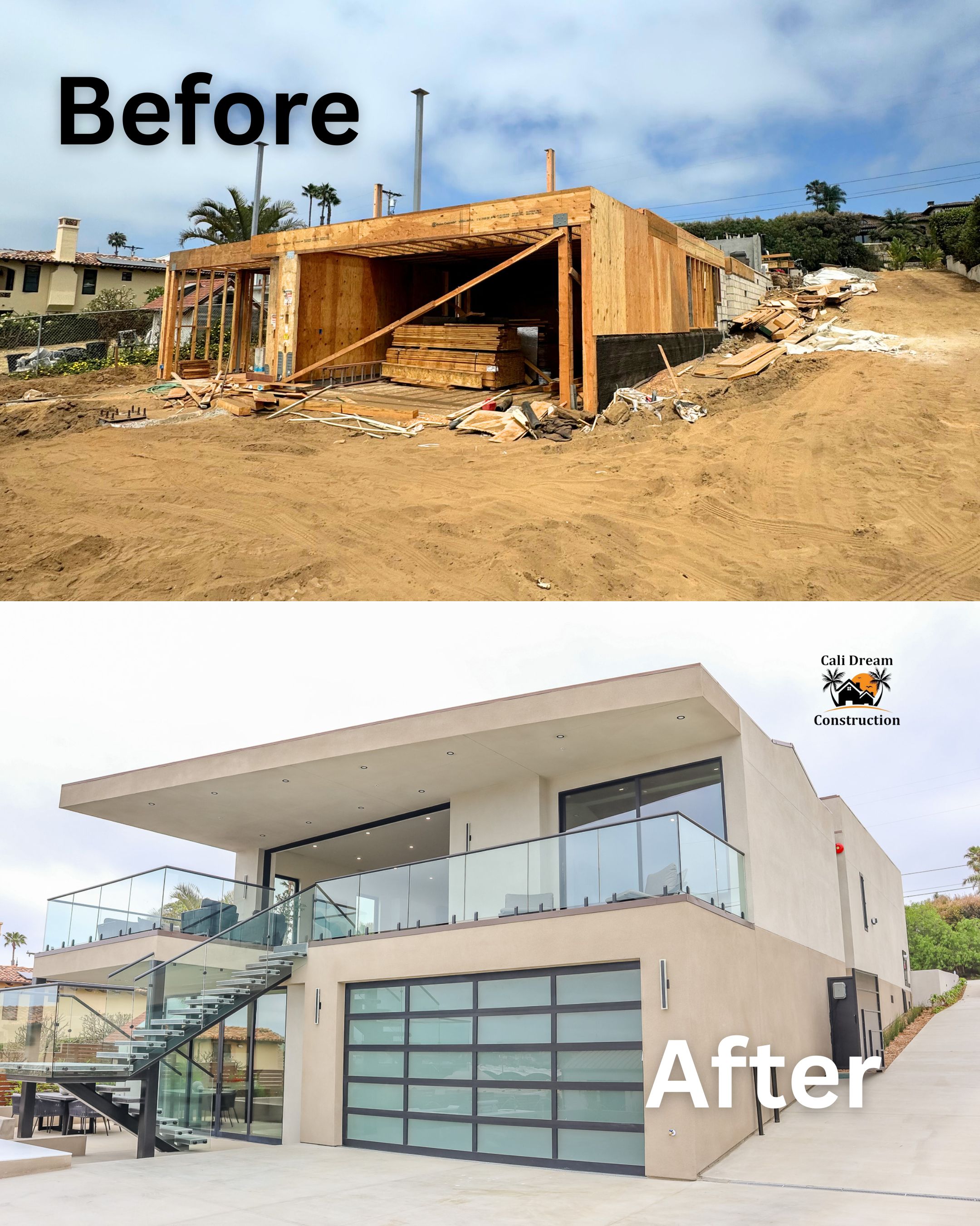 Before photo of wood framing next to after photo of the finished modern home in Solana Beach, built by Cali Dream Construction