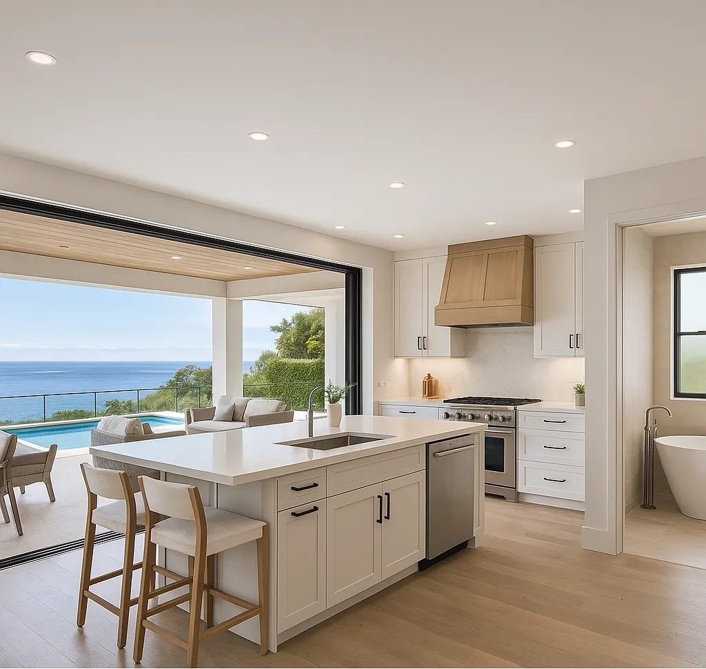Finished kitchen remodel by Cali Dream Construction with ocean view, white island and brass fixtures
