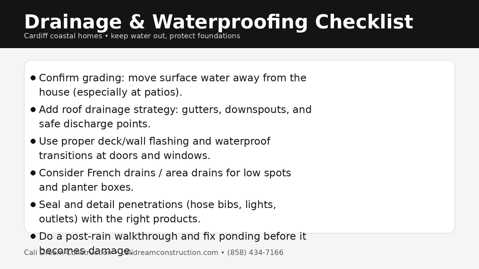 Cali Dream Construction drainage and waterproofing checklist for coastal homes